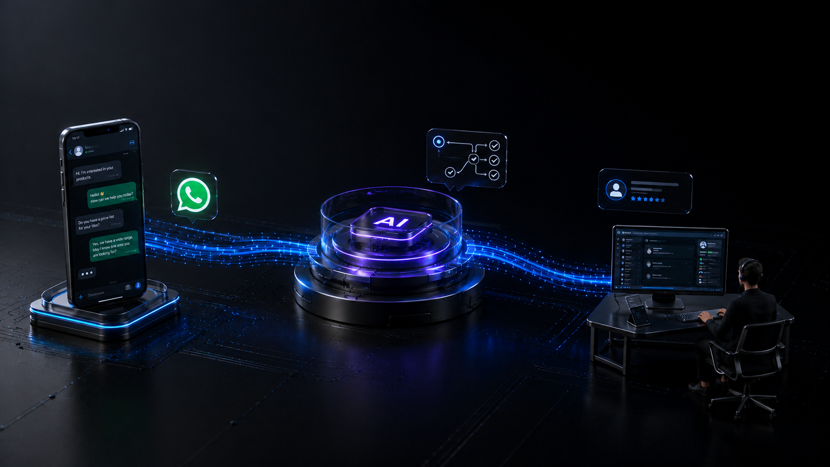 WhatsApp conversation flowing through AI automation and CRM into a human sales handoff