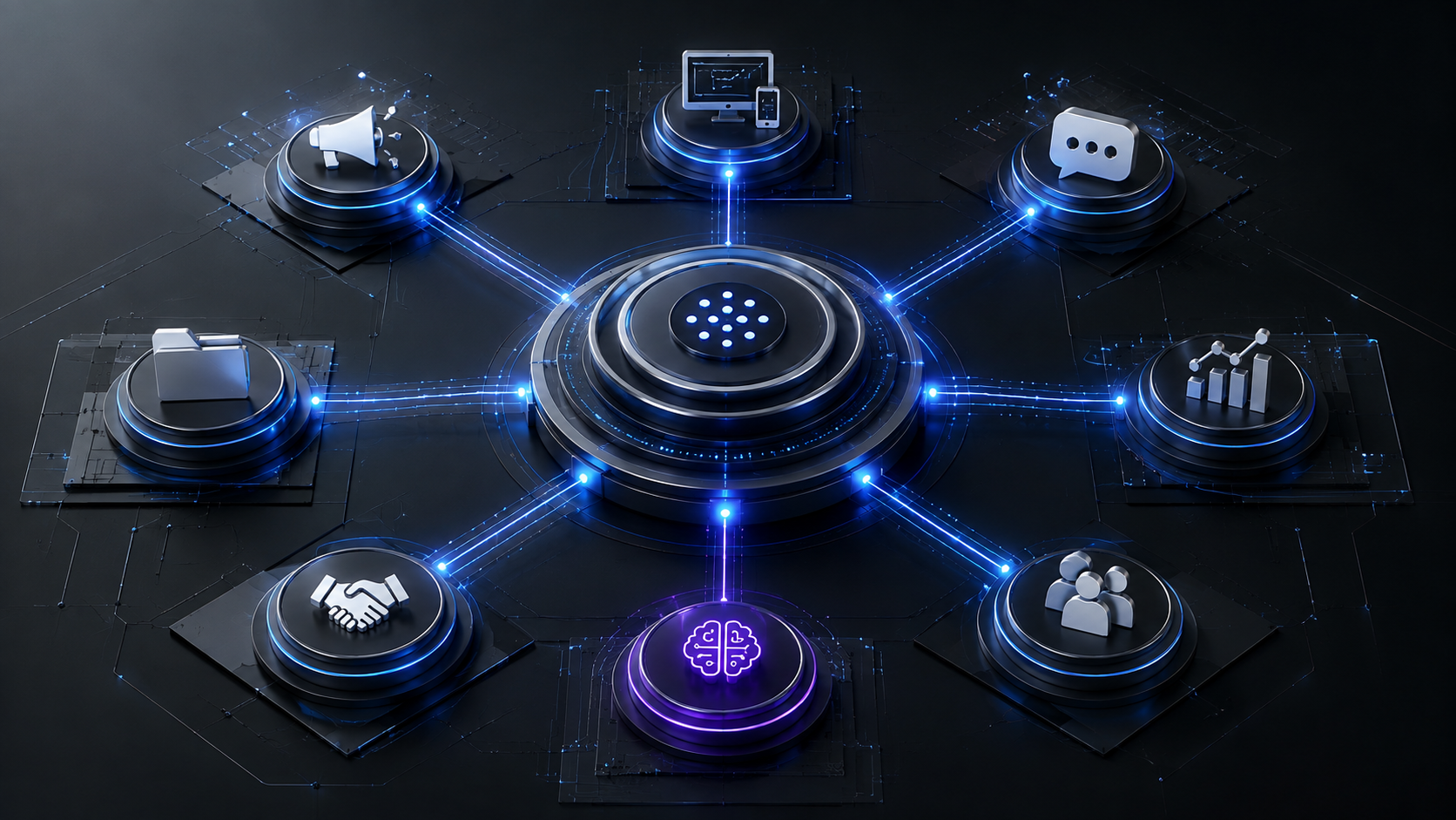 AI automation system connecting marketing, WhatsApp, AI, CRM, sales and conversion
