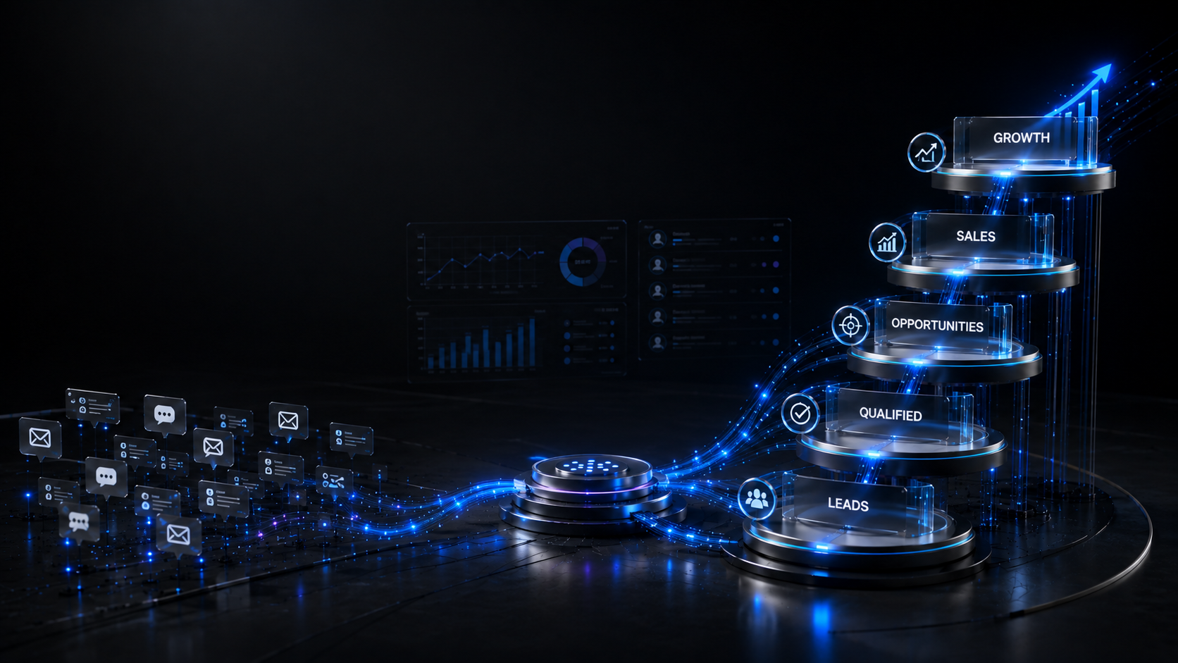 AI automation business growth system connecting leads, qualified opportunities, sales and growth