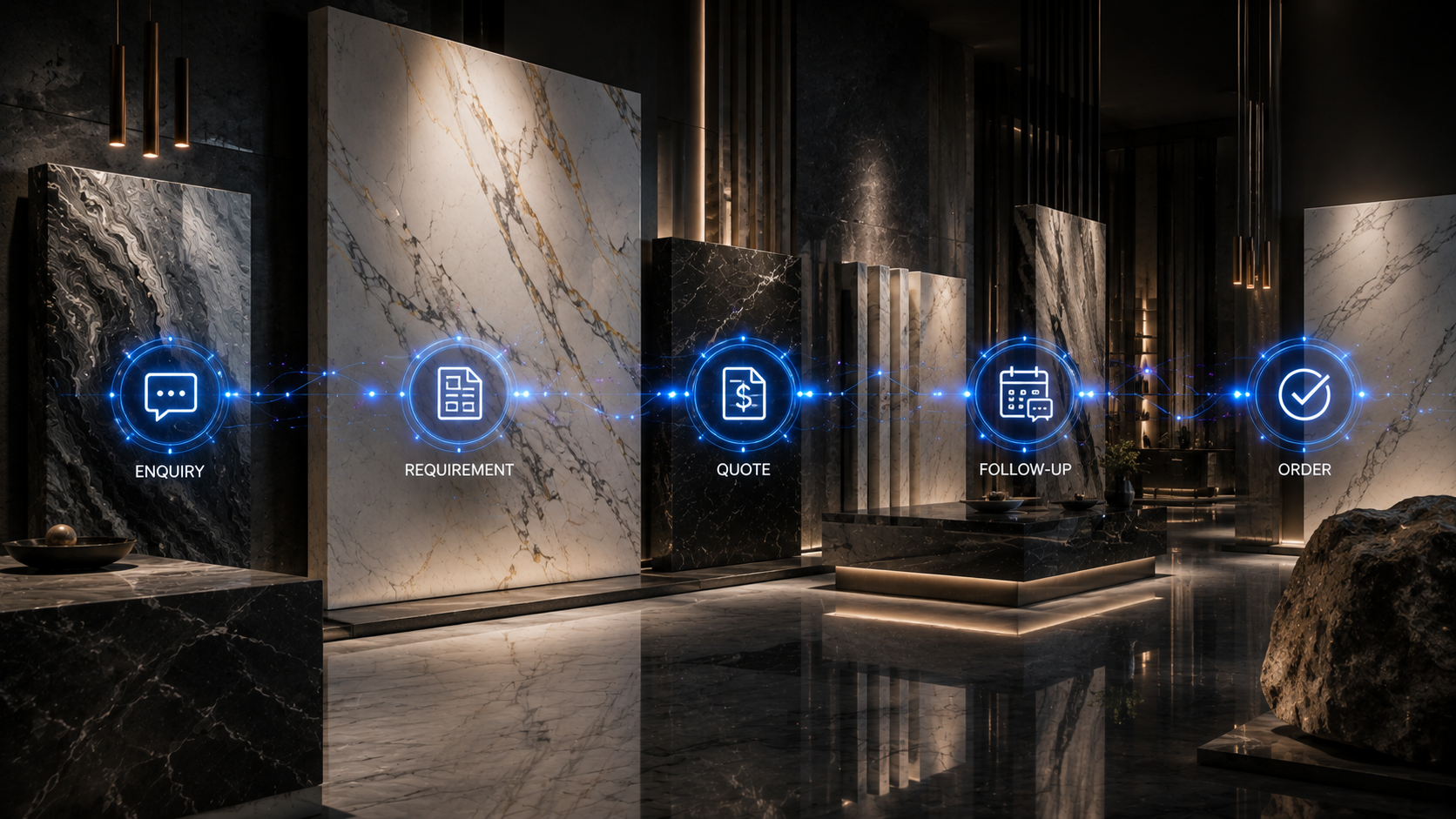 Stone and marble AI automation workflow from enquiry and requirement to quotation, follow-up and order