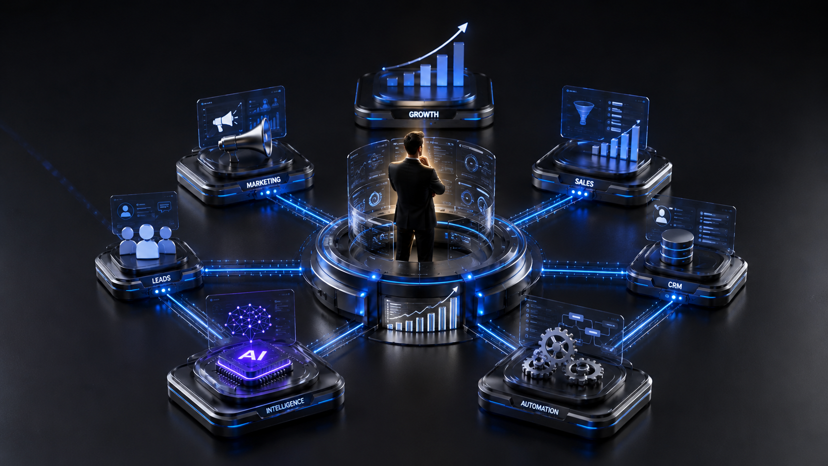 Vizznary growth system connecting digital marketing, AI, automation, CRM and sales.