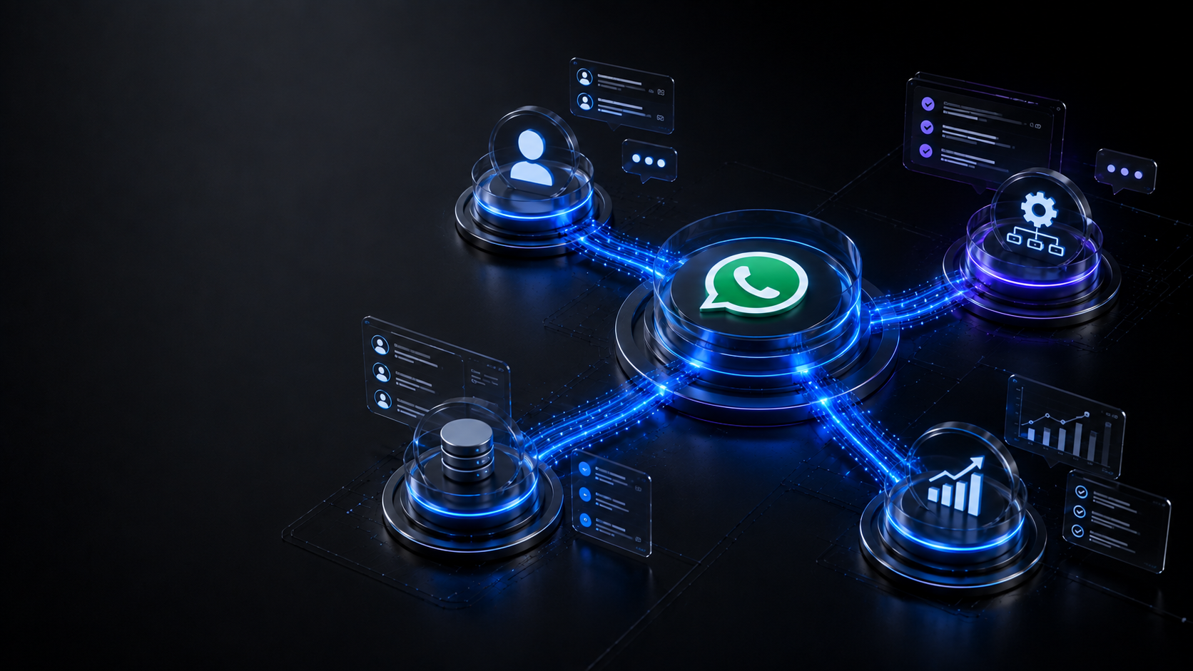 WhatsApp as the business communication and API hub connecting customers, AI, CRM, sales and automation